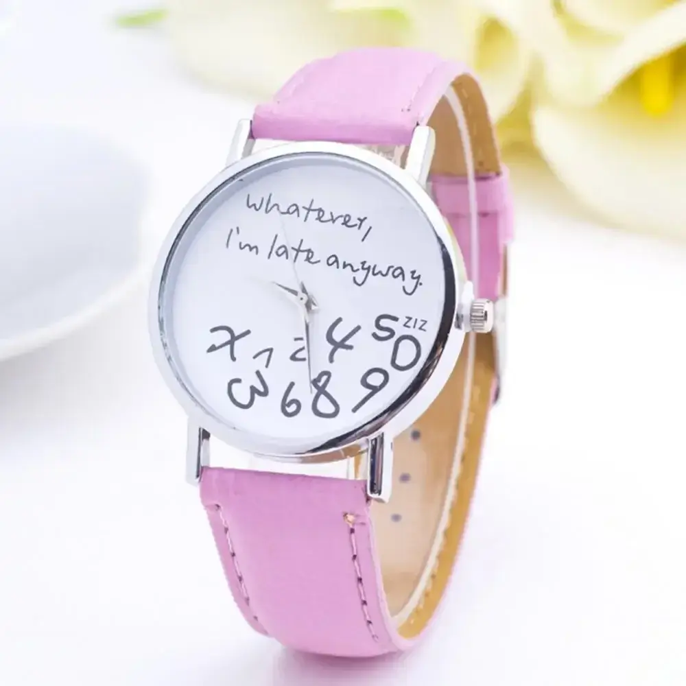 Women Whatever Im Late Anyway Letter Round Dial Faux Leather Strap Quartz Watch Fashion Letters Numbers Adjustable Women's Watch