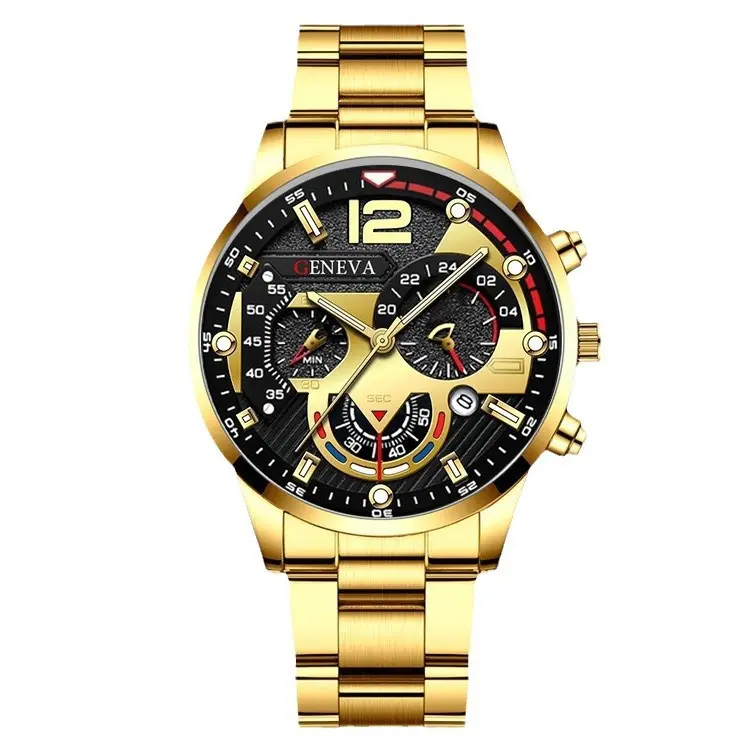 4pcs Set Fashion Mens Watches Luxury Steel Quartz Wristwatch Men Business Sports Wrist Watch Bracelet Necklace Ring Set No Box