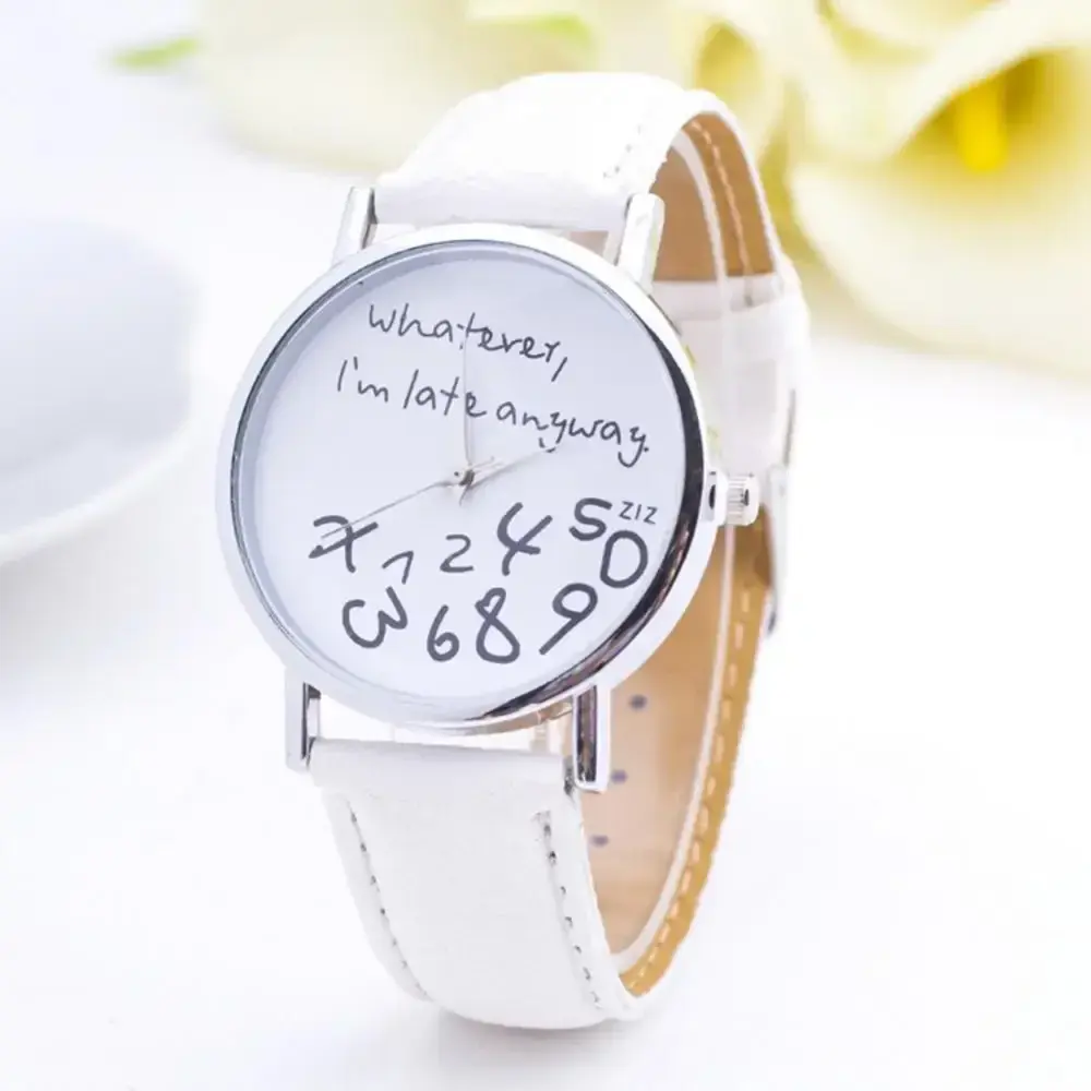 Women Whatever Im Late Anyway Letter Round Dial Faux Leather Strap Quartz Watch Fashion Letters Numbers Adjustable Women's Watch