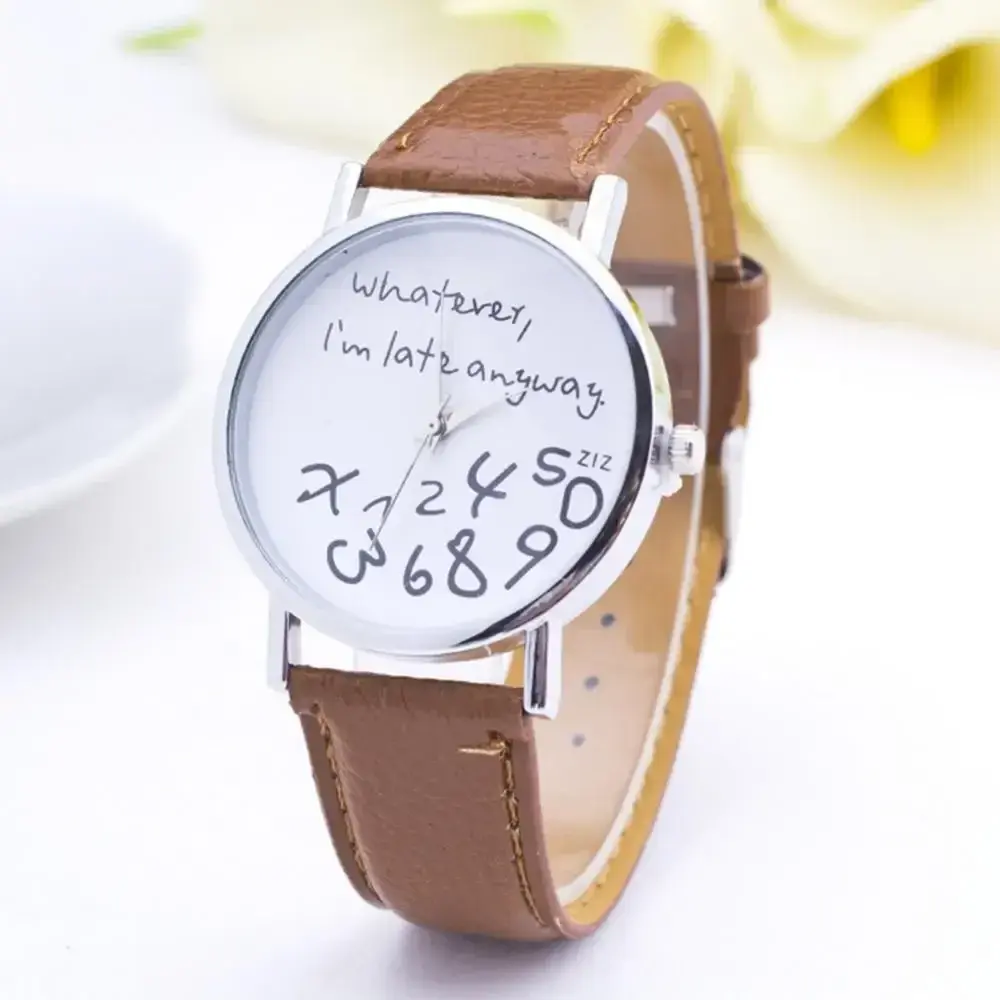 Women Whatever Im Late Anyway Letter Round Dial Faux Leather Strap Quartz Watch Fashion Letters Numbers Adjustable Women's Watch