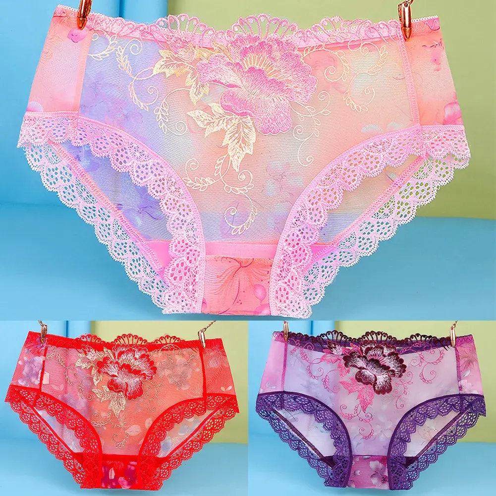 Transparent Mesh Briefs Women Ultra Thin Underwear Flower Lace Skin-Friendly Panties See Through Underpants Woman's Sexy Knicker