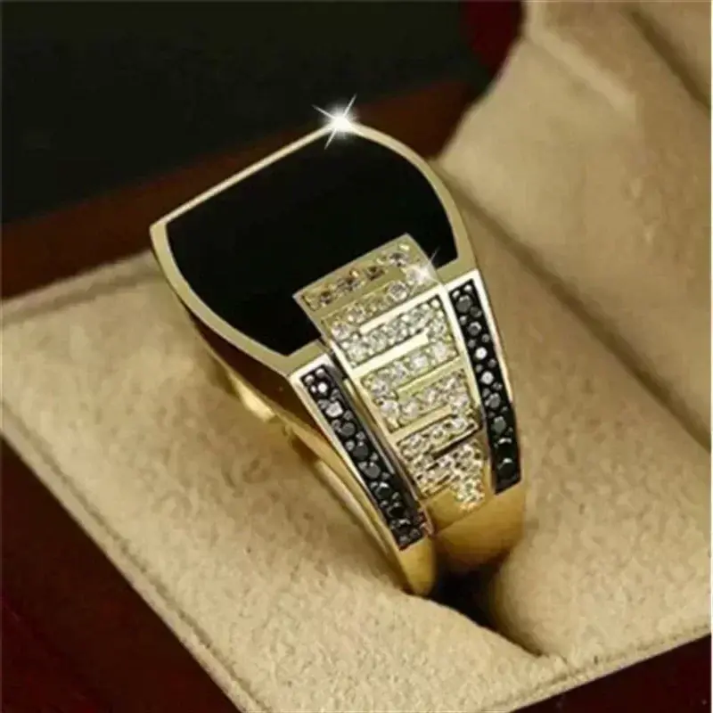 Fashion Men's Ring Fashion Metal Gold Color Inlaid Black Stone Zircon Punk Rings for Men Engagement Wedding Vintage Jewelry