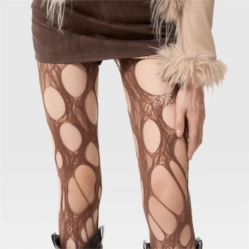 Women Sexy Stockings White Lace Broken Hole Fishnet Socks Black Tights Woman Large Mesh Hollow Pantyhoses Fishnets Gothic