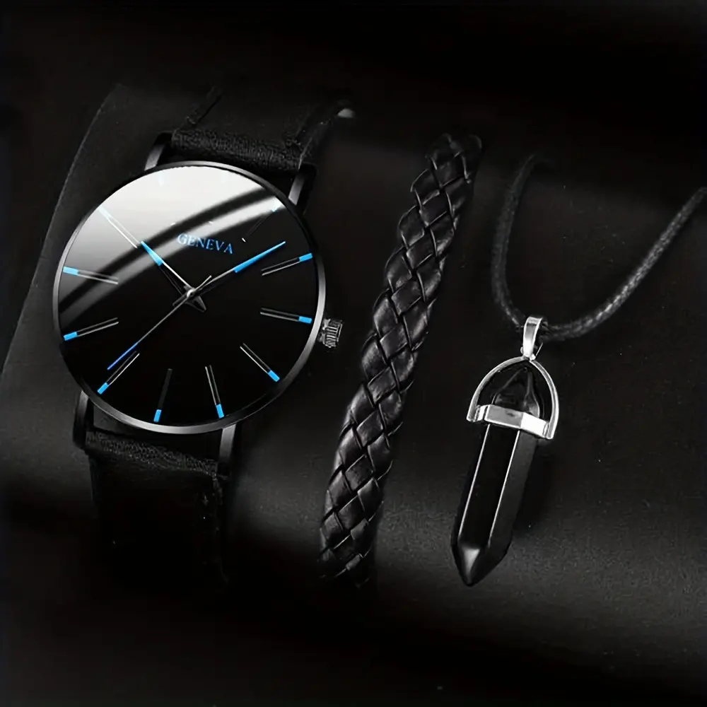 3PCS/Set Fashion Men Watch Luxury Casual Leather Band Quartz Wristwatch Men Business Watches Bracelet Necklace Set Jewelry Gifts