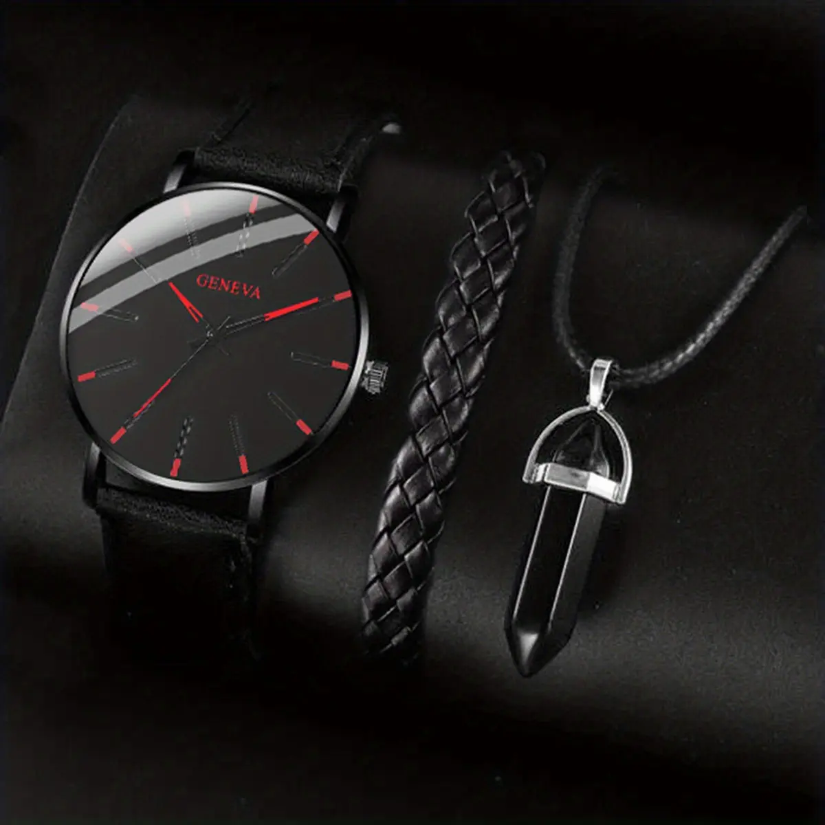 3PCS/Set Fashion Men Watch Luxury Casual Leather Band Quartz Wristwatch Men Business Watches Bracelet Necklace Set Jewelry Gifts