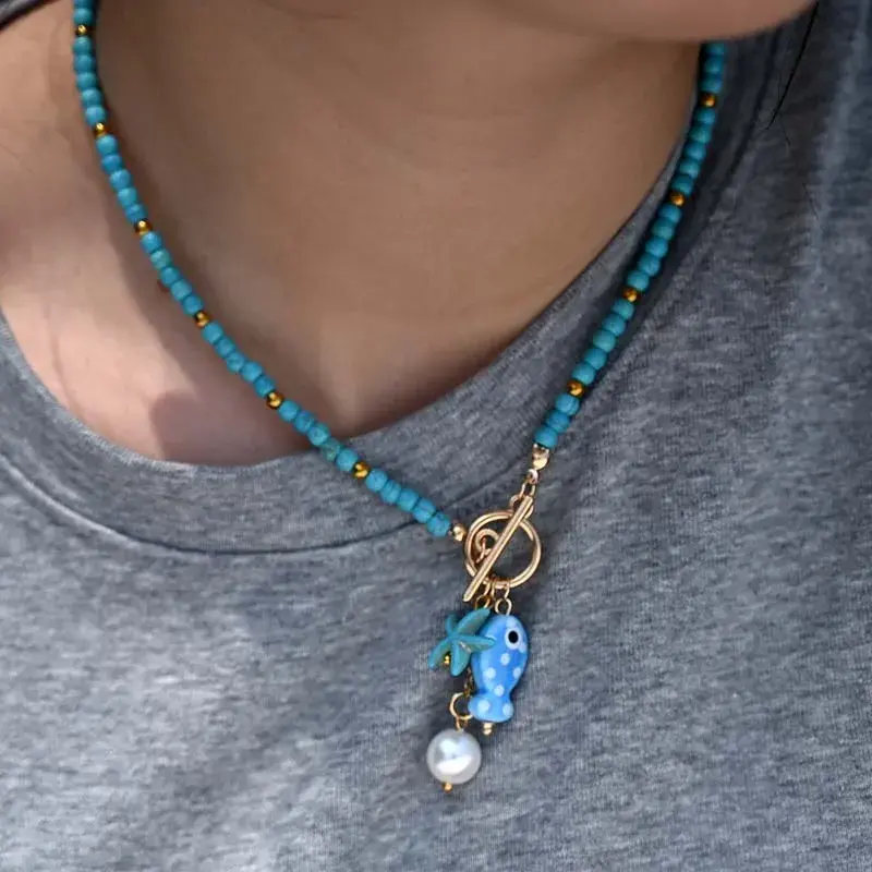 Fashion Ceramic Fish Pendant Necklaces for Women Girls Bohemian Colorful Beaded OT Chain Necklace Jewelry Accessories