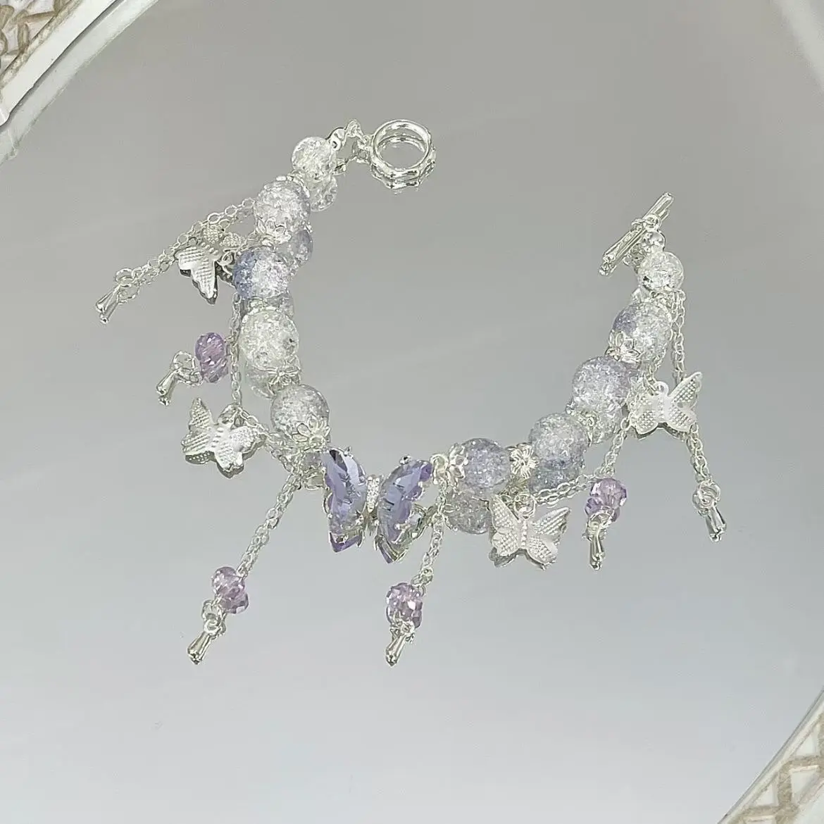 Korean Pink Crystal Flowers Butterfly Pendant Beaded Bracelet for Women Sweet Beads Chain Bracelets Girlfriend Jewelry Gifts