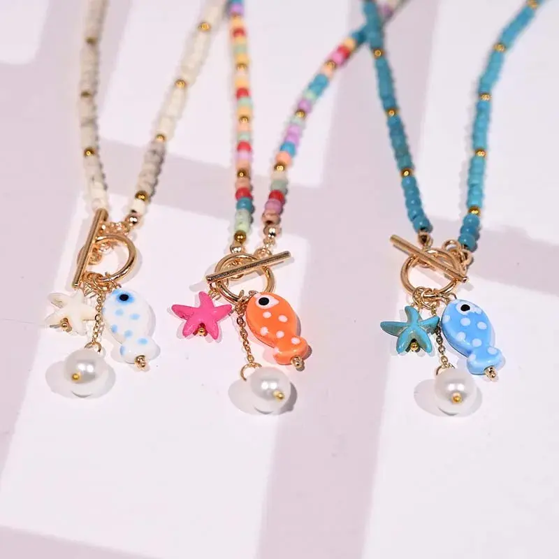 Fashion Ceramic Fish Pendant Necklaces for Women Girls Bohemian Colorful Beaded OT Chain Necklace Jewelry Accessories