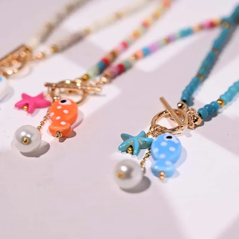 Fashion Ceramic Fish Pendant Necklaces for Women Girls Bohemian Colorful Beaded OT Chain Necklace Jewelry Accessories