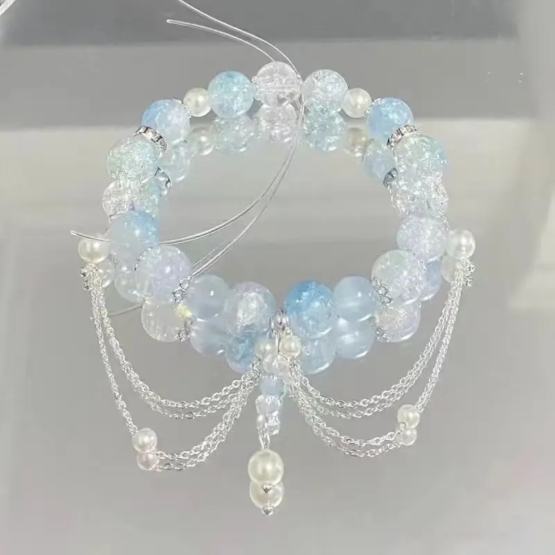Korean Pink Crystal Flowers Butterfly Pendant Beaded Bracelet for Women Sweet Beads Chain Bracelets Girlfriend Jewelry Gifts