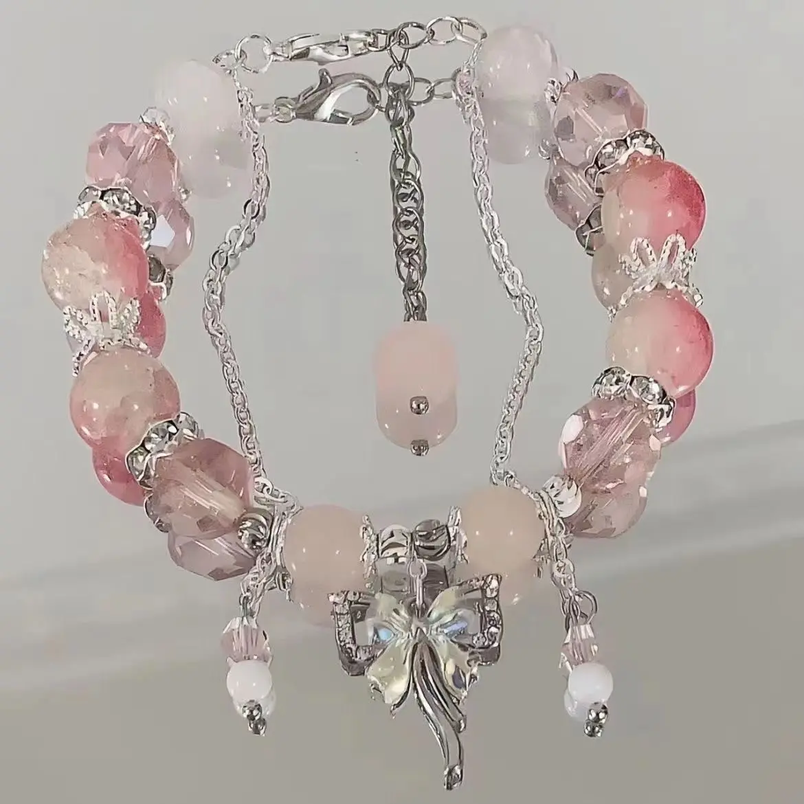 Korean Pink Crystal Flowers Butterfly Pendant Beaded Bracelet for Women Sweet Beads Chain Bracelets Girlfriend Jewelry Gifts