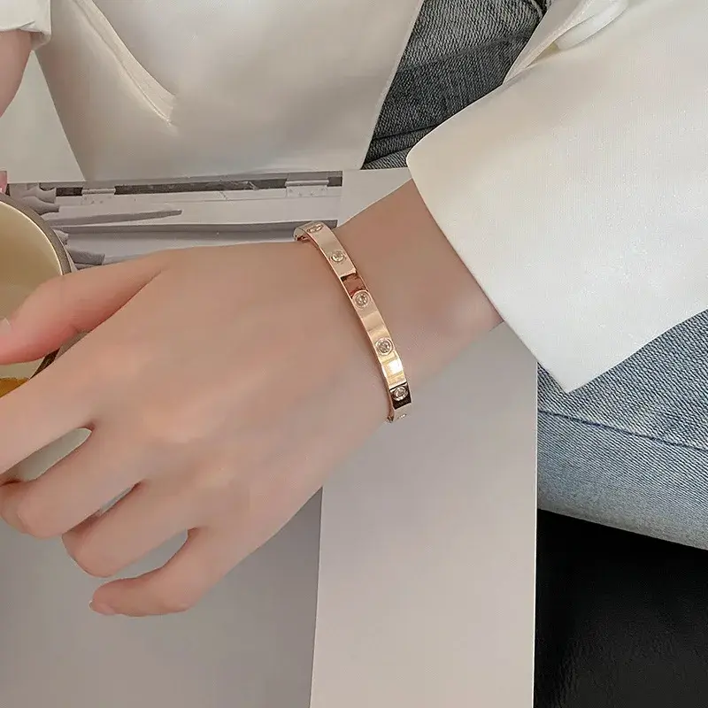 New Design Gold Color Zircon and Cross Nut Nail Bracelet & Bangle for Woman Stainless Steel Screw Brand Jewelry Dropshipping