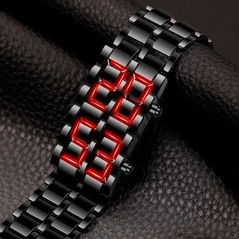 Fashion Men's Digital Lava Wristwatch Full Metal Black Red/Blue LED Display Sporty Creative Gift for Male Youth