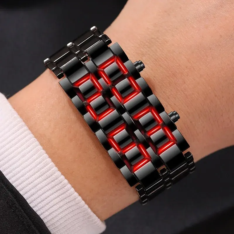 Fashion Men's Digital Lava Wristwatch Full Metal Black Red/Blue LED Display Sporty Creative Gift for Male Youth
