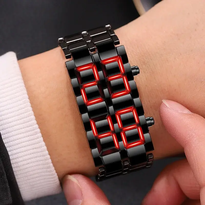Fashion Men's Digital Lava Wristwatch Full Metal Black Red/Blue LED Display Sporty Creative Gift for Male Youth
