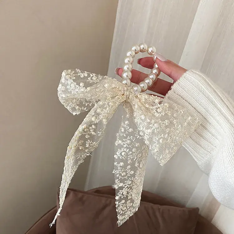 Cute Girls Lace Pearl Bowknot Hair Ties And Headbands Set - Sweet Princess Fashion Accessories Black/White Hair Clips