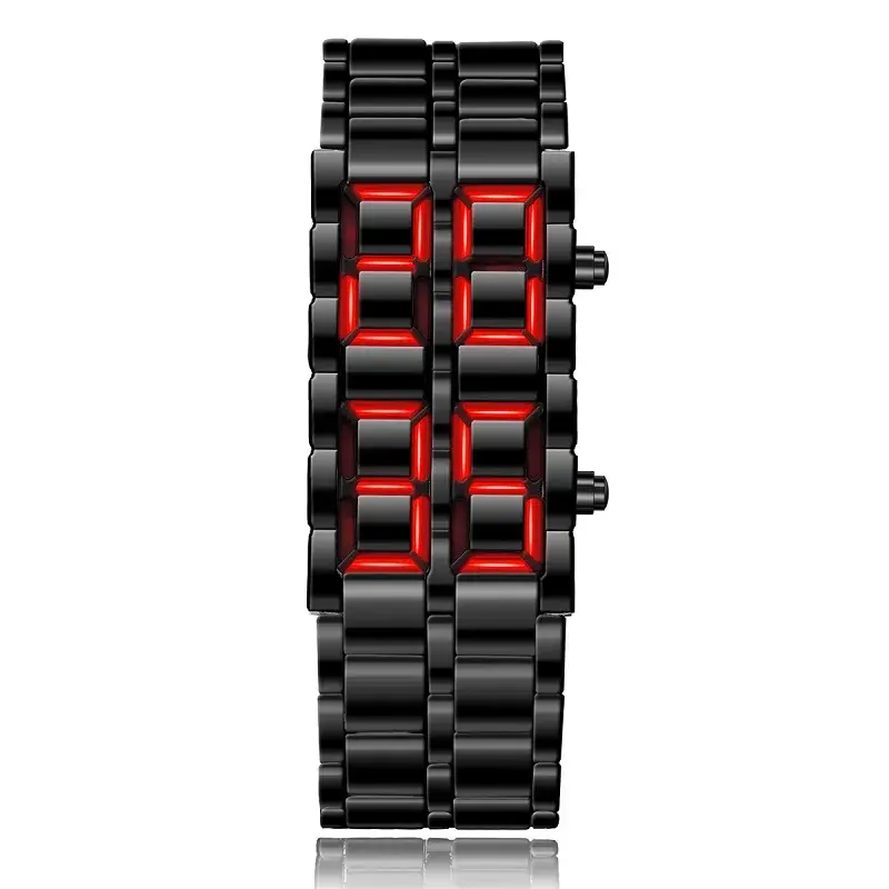 Fashion Men's Digital Lava Wristwatch Full Metal Black Red/Blue LED Display Sporty Creative Gift for Male Youth