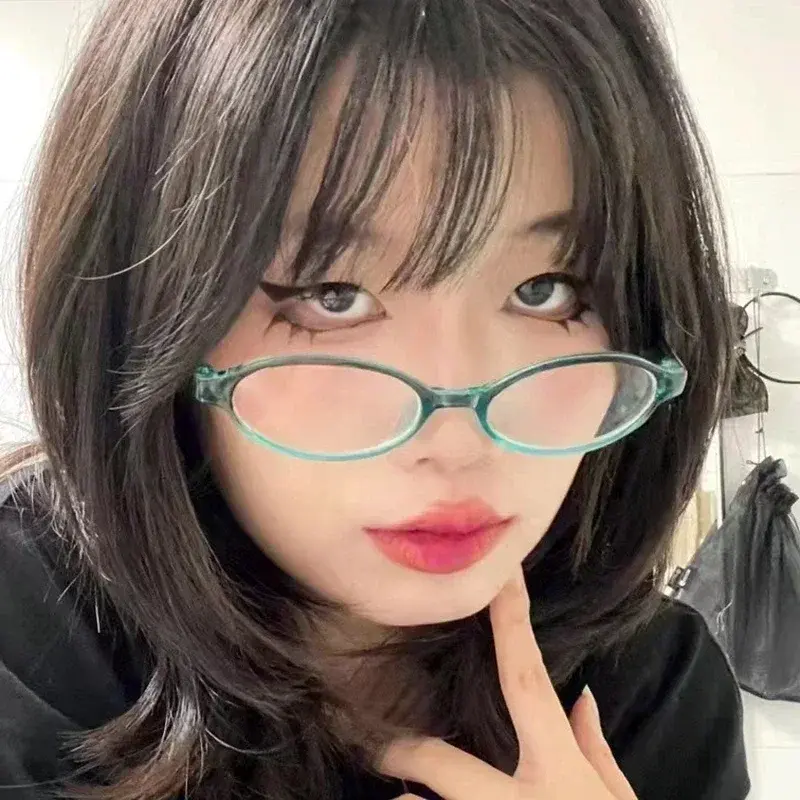 Women Retro Oval Glasses Y2K Japanese and Korean Girls Red Green Frame Glass Eyewear Decorative Computer Anti-blue Eyeglasses