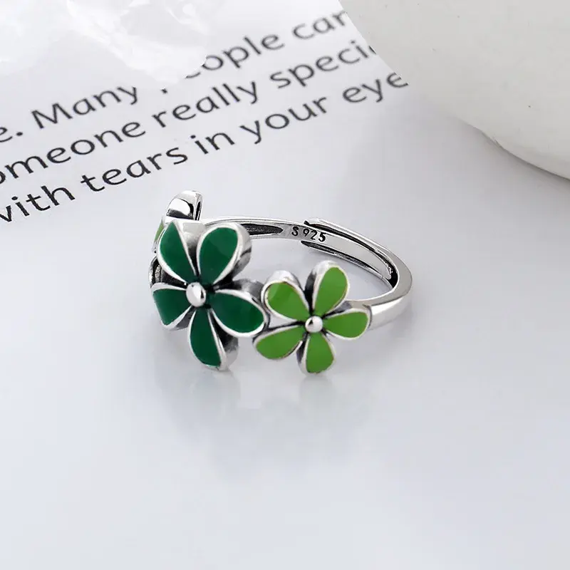 Korean Trendy Green Drip Oil Flower Ring for Woman Girls Party Jewelry Gifts Charm Fashion Accessories