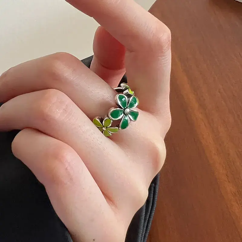 Korean Trendy Green Drip Oil Flower Ring for Woman Girls Party Jewelry Gifts Charm Fashion Accessories