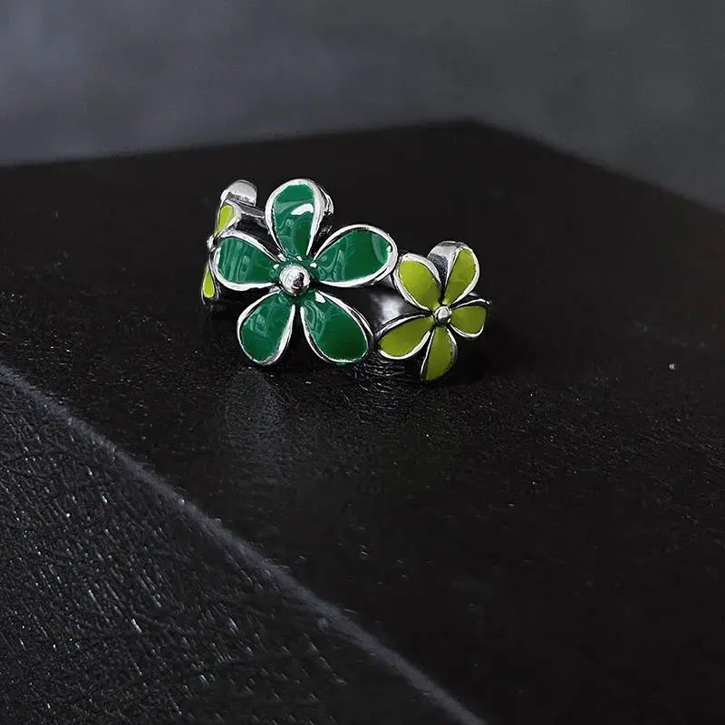 Korean Trendy Green Drip Oil Flower Ring for Woman Girls Party Jewelry Gifts Charm Fashion Accessories