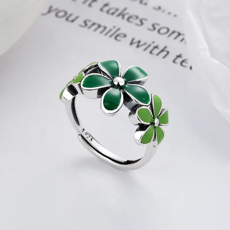 Korean Trendy Green Drip Oil Flower Ring for Woman Girls Party Jewelry Gifts Charm Fashion Accessories