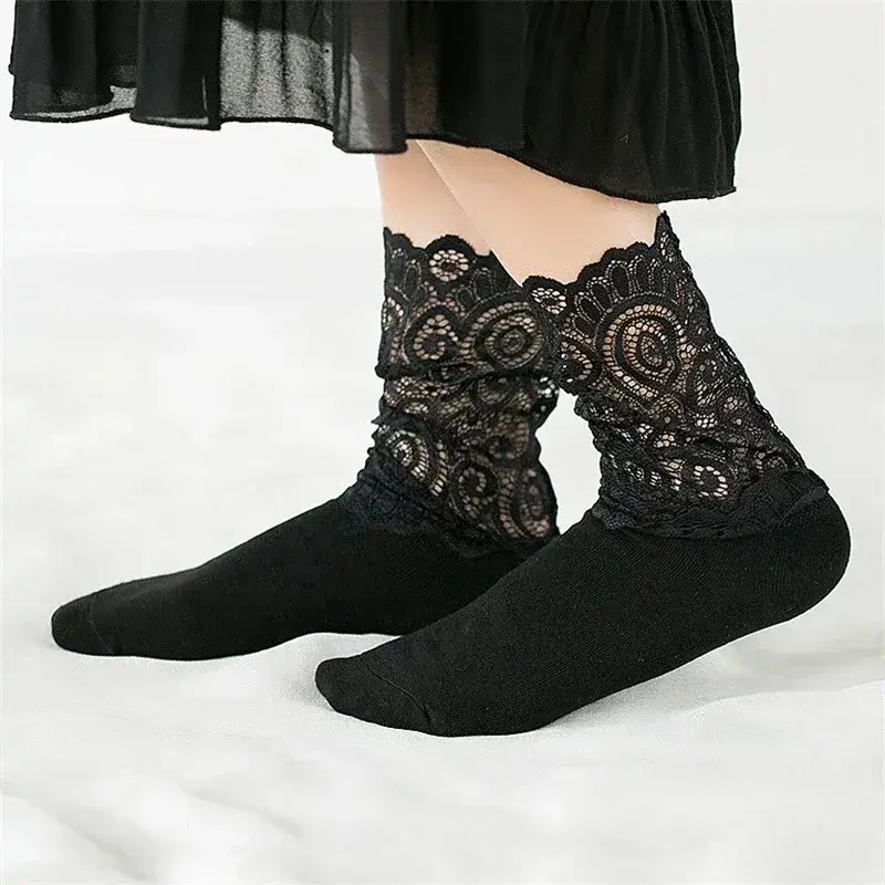 Sexy Lace Floral Mesh Socks Women Black Transparent Short Cotton Sock For Ladies Elastic Retro Cute Socks Female New 2022