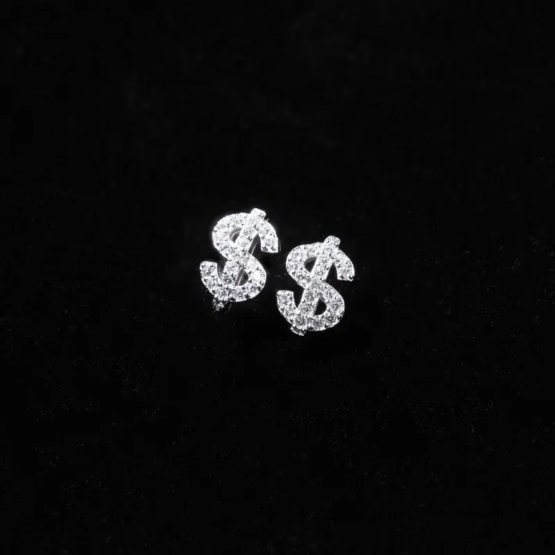 Hip-Hop American Full Zircon US Dollar Letter Earrings Super Sparkling Trendy Ear Stud for Men Women 925 Sterling Silver Jewelry