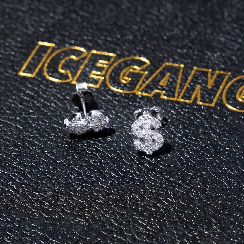 Hip-Hop American Full Zircon US Dollar Letter Earrings Super Sparkling Trendy Ear Stud for Men Women 925 Sterling Silver Jewelry