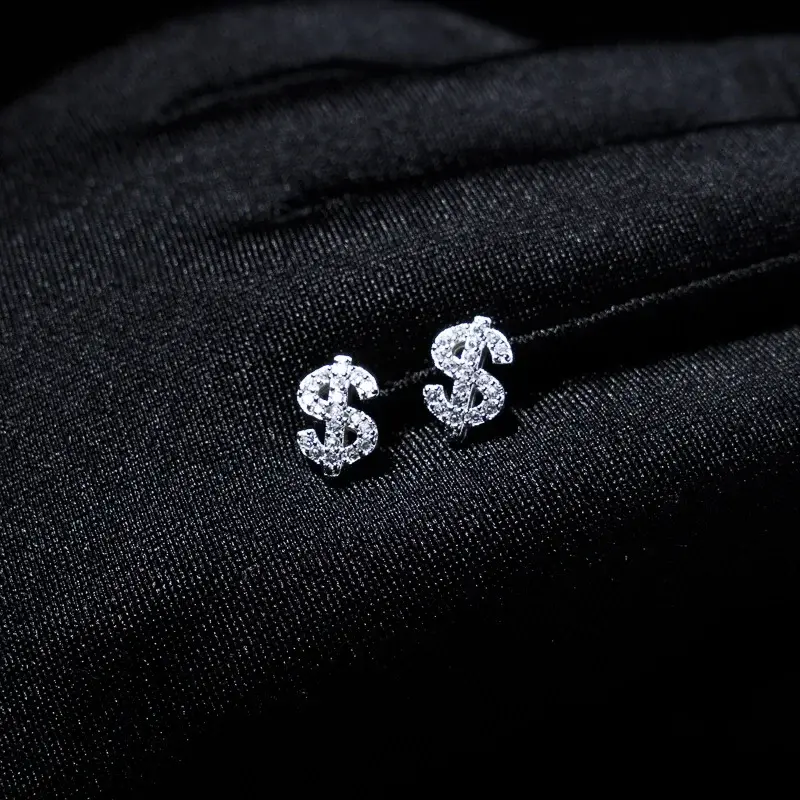 Hip-Hop American Full Zircon US Dollar Letter Earrings Super Sparkling Trendy Ear Stud for Men Women 925 Sterling Silver Jewelry