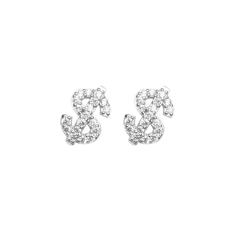 Hip-Hop American Full Zircon US Dollar Letter Earrings Super Sparkling Trendy Ear Stud for Men Women 925 Sterling Silver Jewelry