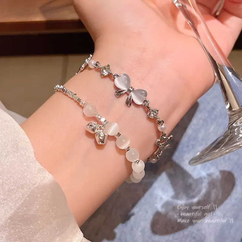 Kpop Y2k Silver Color Bow Pearl Bracelet for Women Girls Korean Sweet Opal Chain Bracelet Party Jewelry Accessories Gift
