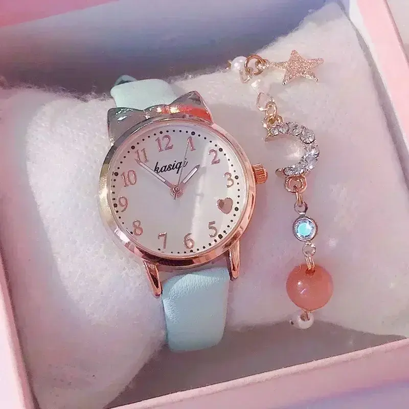 2025 Fashion Kids Love Digital Dial Children Set Watch Leather Strap Quartz Watches Kid Girls Clock Children's Watch + Bracelet