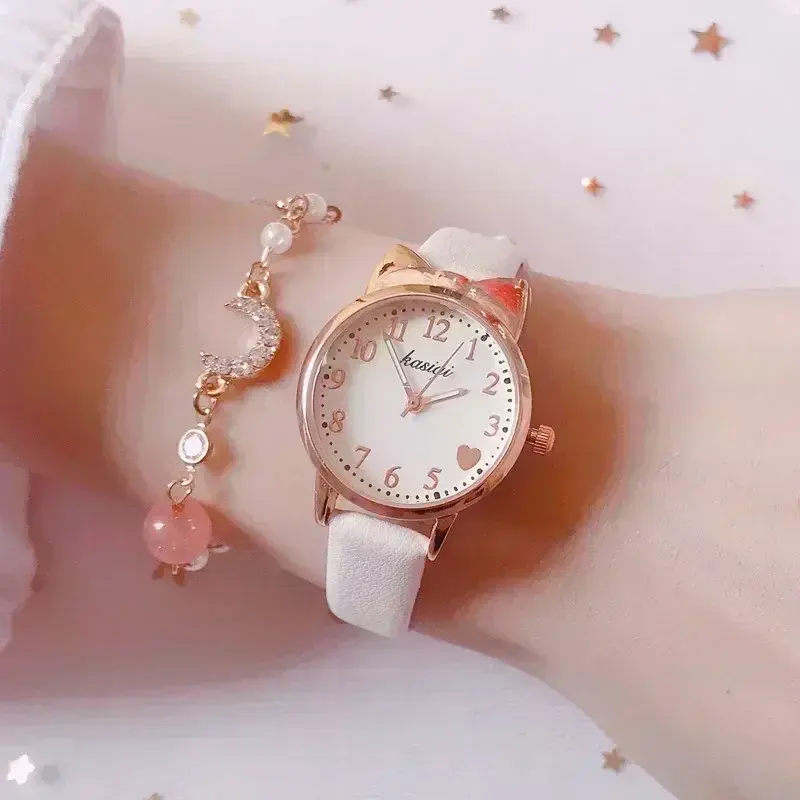 2025 Fashion Kids Love Digital Dial Children Set Watch Leather Strap Quartz Watches Kid Girls Clock Children's Watch + Bracelet