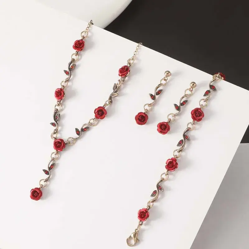 Vintage French Red Rose Flower Necklace Bracelet Set for Women Fashion Romantic Clavicle Chain Necklace Engagement Jewelry Gifts