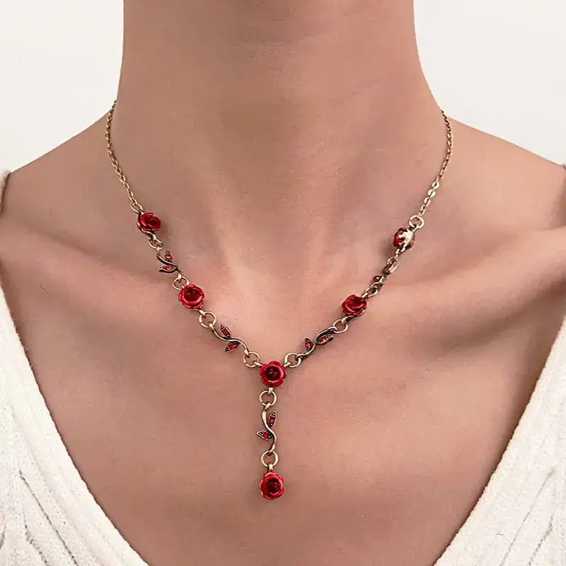 Vintage French Red Rose Flower Necklace Bracelet Set for Women Fashion Romantic Clavicle Chain Necklace Engagement Jewelry Gifts