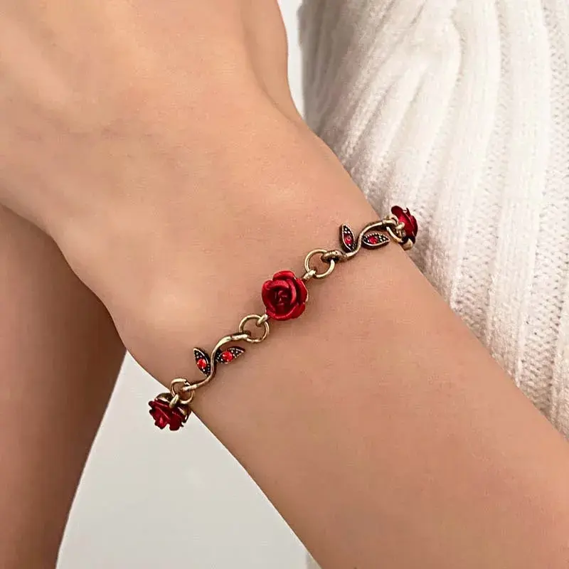 Vintage French Red Rose Flower Necklace Bracelet Set for Women Fashion Romantic Clavicle Chain Necklace Engagement Jewelry Gifts