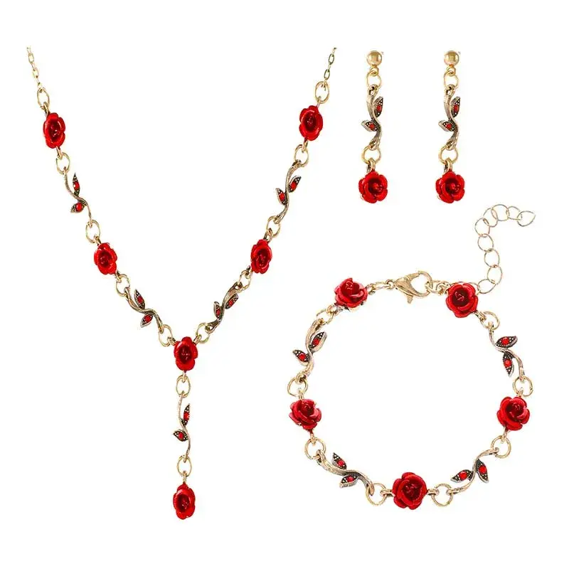 Vintage French Red Rose Flower Necklace Bracelet Set for Women Fashion Romantic Clavicle Chain Necklace Engagement Jewelry Gifts