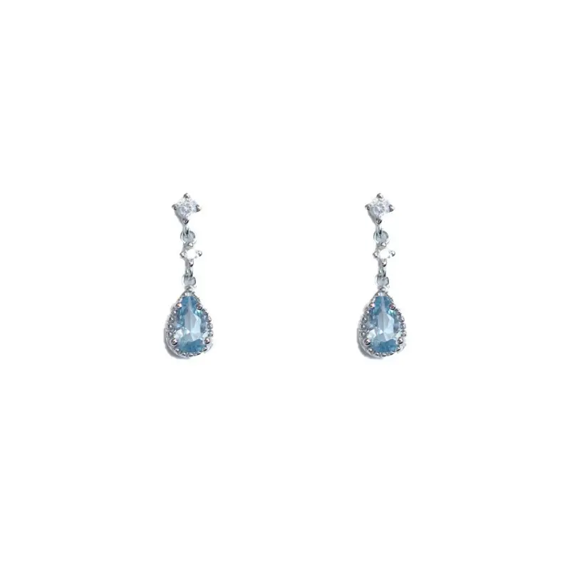 Lake Blue Color Water Drop Zircon Earrings for Women Exquisite Silver Color Shiny Crystal Stud Earring Sweet Party Jewelry Gifts