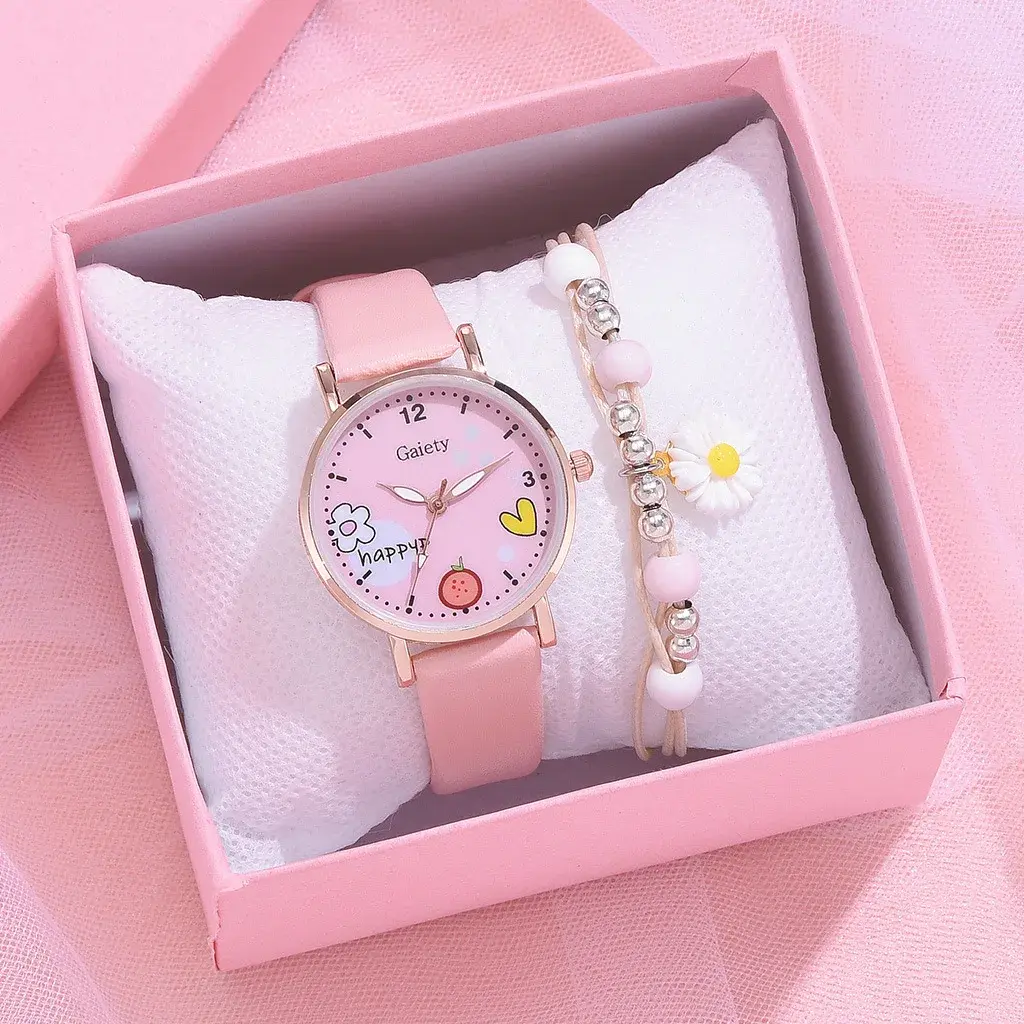 Kids Watches Pink Cute Children's Wristwatch Cartoon Pattern Quartz Watch Set for Girls Fashion Students' Clock Relogio Infantil