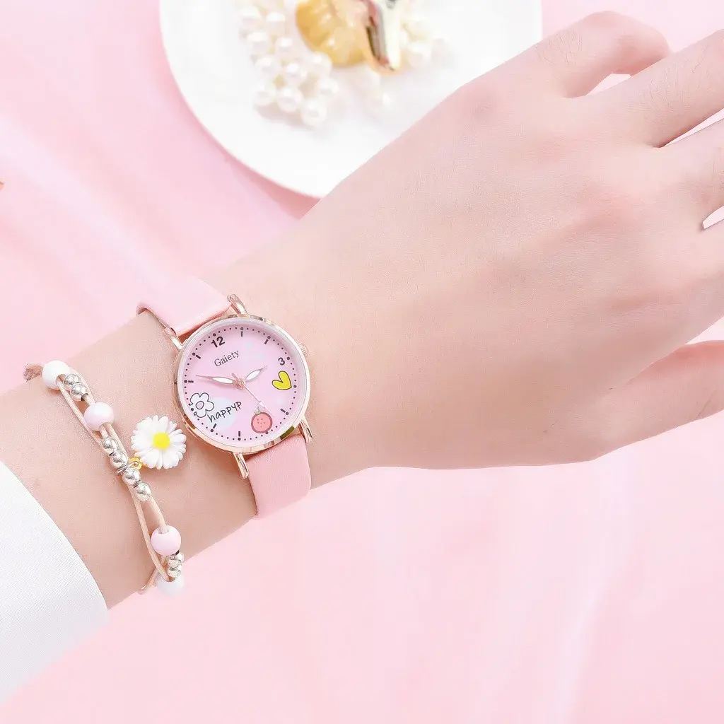 Kids Watches Pink Cute Children's Wristwatch Cartoon Pattern Quartz Watch Set for Girls Fashion Students' Clock Relogio Infantil