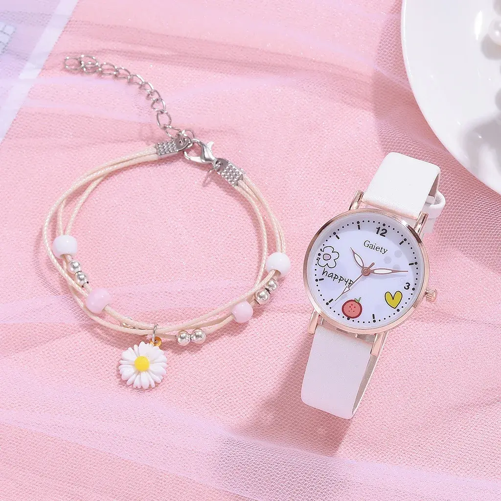 Kids Watches Pink Cute Children's Wristwatch Cartoon Pattern Quartz Watch Set for Girls Fashion Students' Clock Relogio Infantil