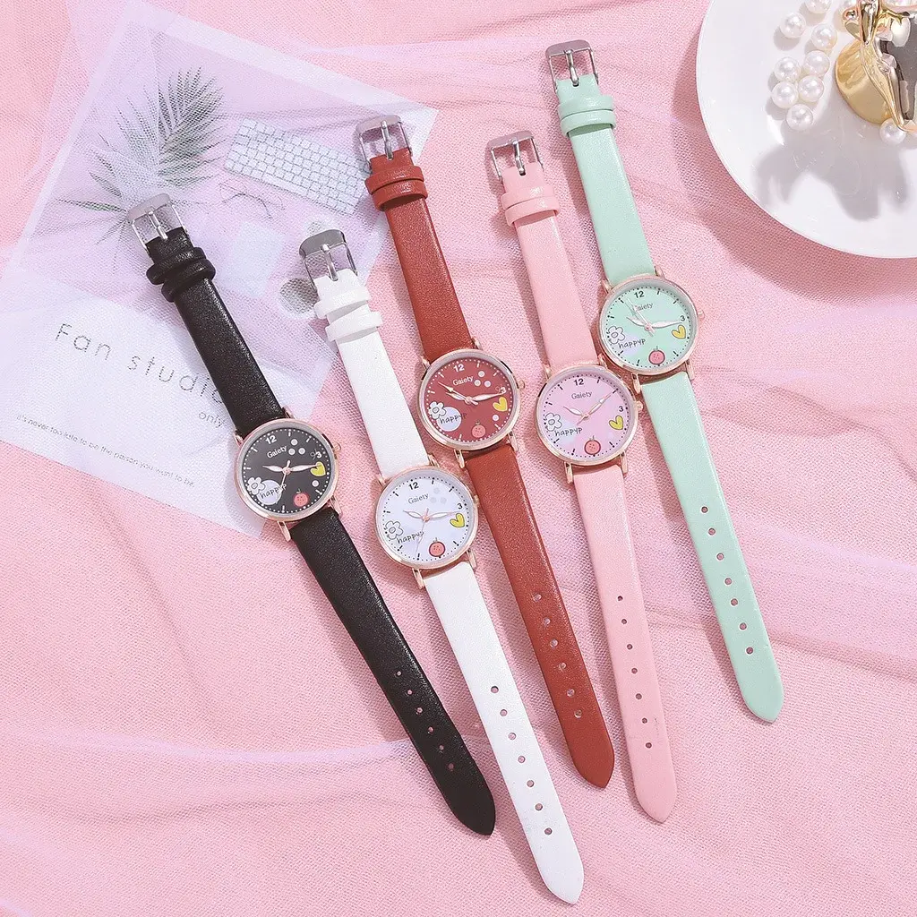 Kids Watches Pink Cute Children's Wristwatch Cartoon Pattern Quartz Watch Set for Girls Fashion Students' Clock Relogio Infantil