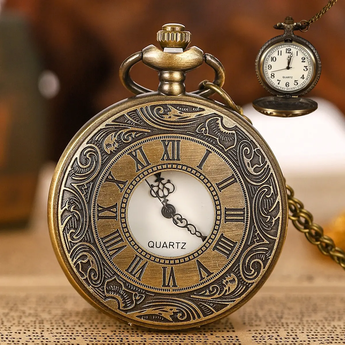 Vintage Bronze Watch Roman Scale Display Design Quartz Pocket Masculino Relogio Pendant Necklace Chain Leisure Men's Gift Clock