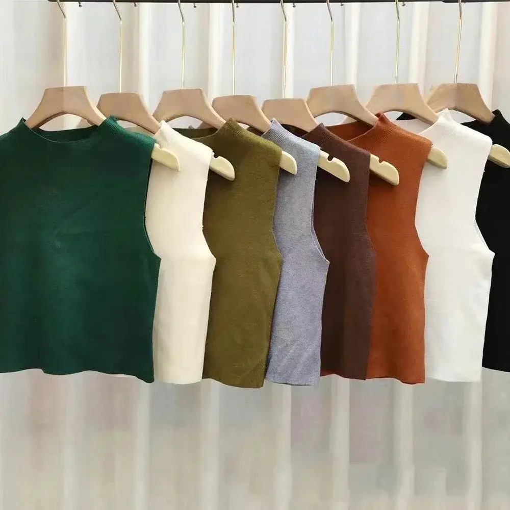 Summer New All-match Knitted Vest Thin Solid Loose Half High Collar Short Sleeve T Shirt Tops Fashion Korean Trend Women Clothes