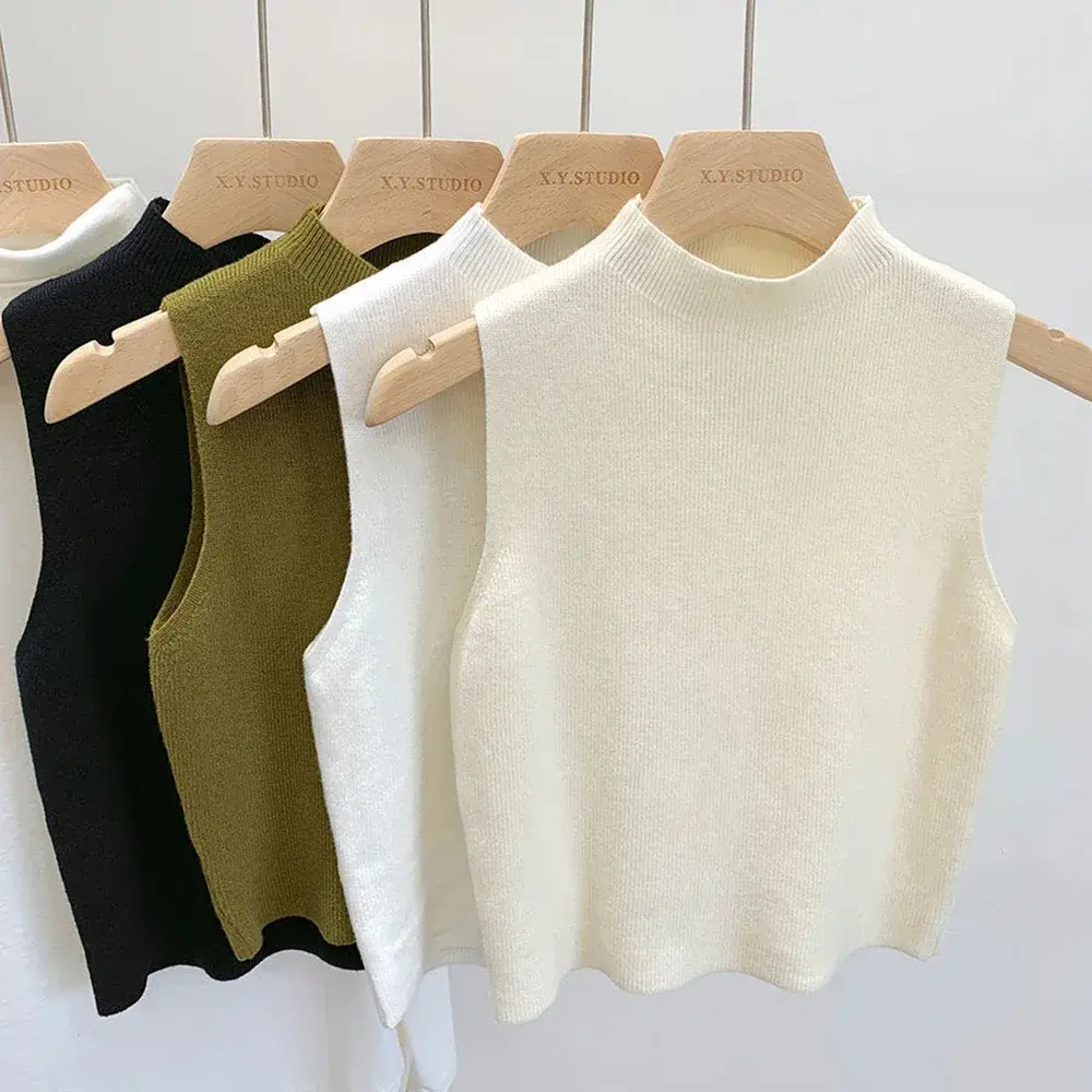 Summer New All-match Knitted Vest Thin Solid Loose Half High Collar Short Sleeve T Shirt Tops Fashion Korean Trend Women Clothes