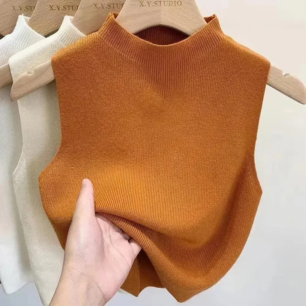 Summer New All-match Knitted Vest Thin Solid Loose Half High Collar Short Sleeve T Shirt Tops Fashion Korean Trend Women Clothes