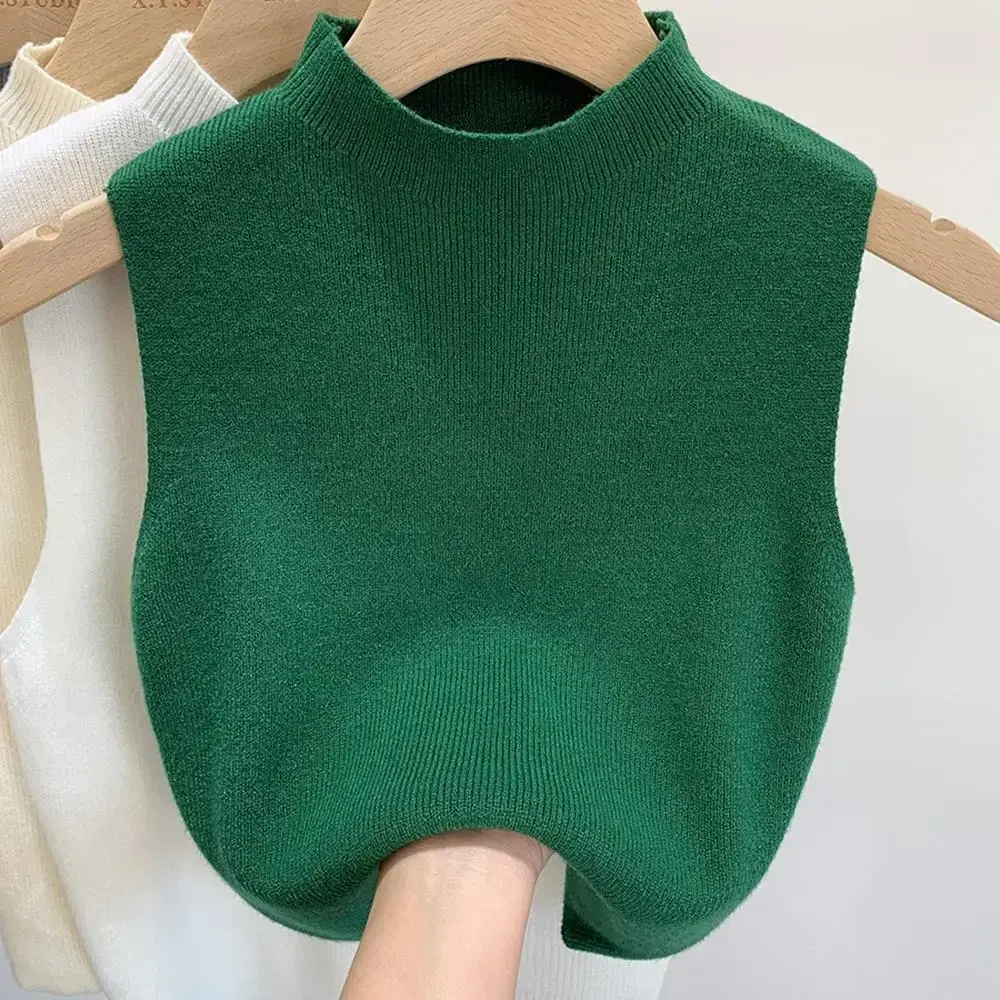 Summer New All-match Knitted Vest Thin Solid Loose Half High Collar Short Sleeve T Shirt Tops Fashion Korean Trend Women Clothes