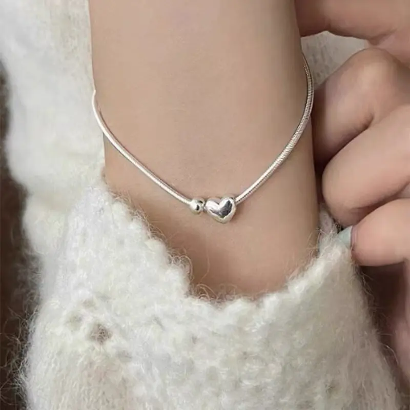 Silver Plated Heart Bead Metal Chain Charm Bracelet for Women Classic Fashion Jewelry Personality Accessories