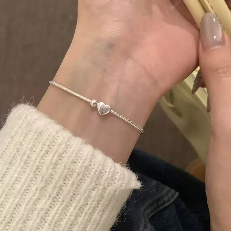 Silver Plated Heart Bead Metal Chain Charm Bracelet for Women Classic Fashion Jewelry Personality Accessories